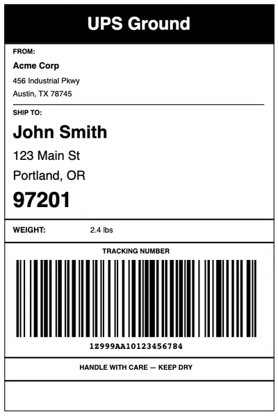 4x6 shipping label rendered by BinderyPress