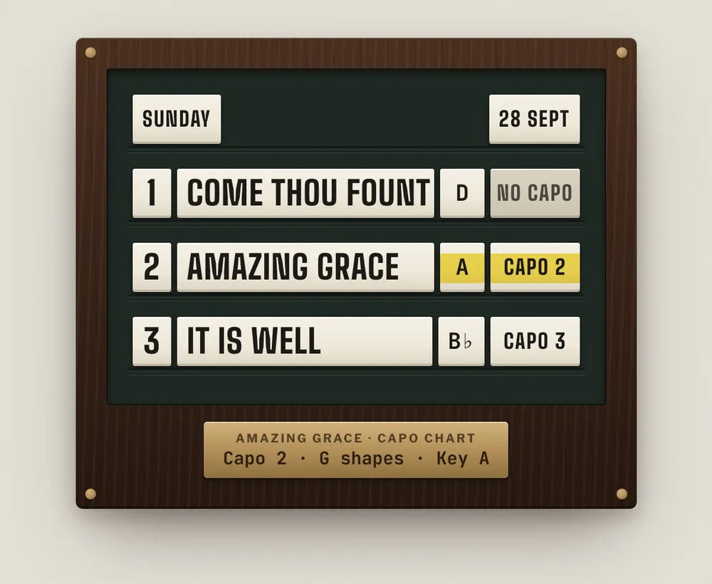 Harmony's Sunday setlist board showing each song's key and capo