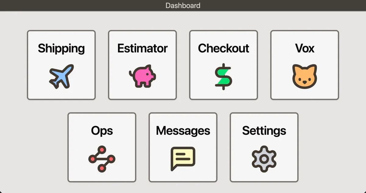 Operations dashboard from the integration suite: Shipping, Estimator, Checkout, Vox, Ops, Messages, Settings